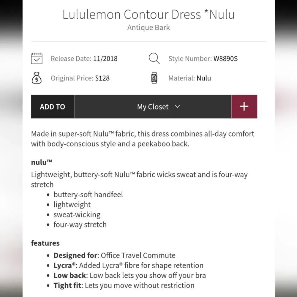 Lululemon Contour Dress Cross Back Nulu Ancient Bark Purple Mauve Size 4
